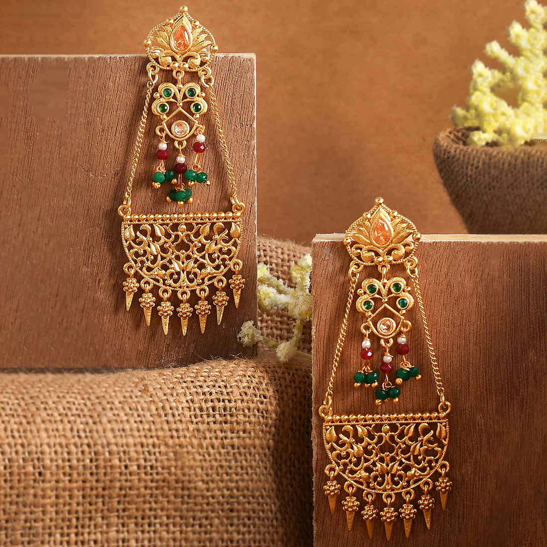 Abharan Stones and Pearls Gold Plated Drop Earrings
