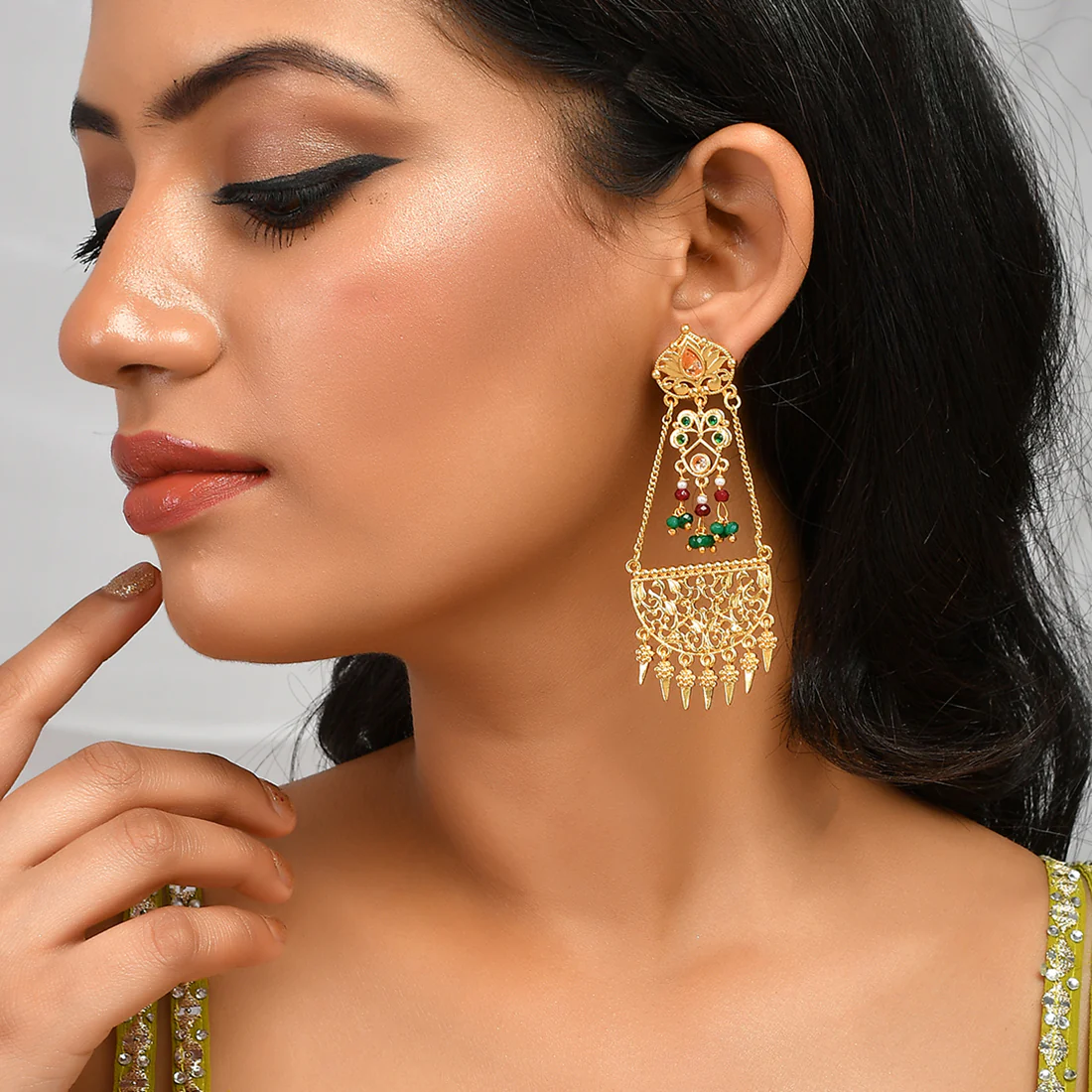 Abharan Stones and Pearls Gold Plated Drop Earrings - Image 2