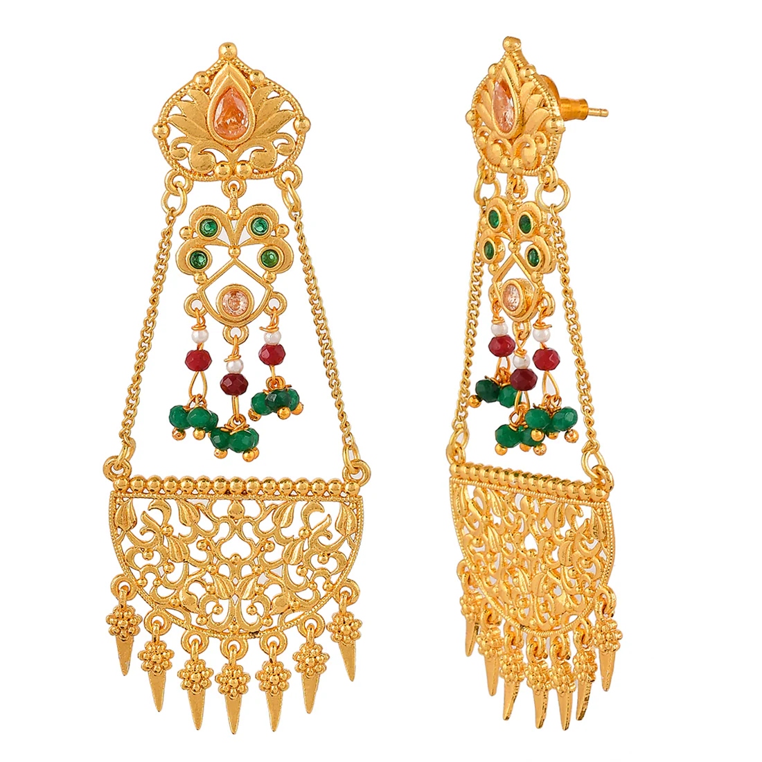 Abharan Stones and Pearls Gold Plated Drop Earrings - Image 4