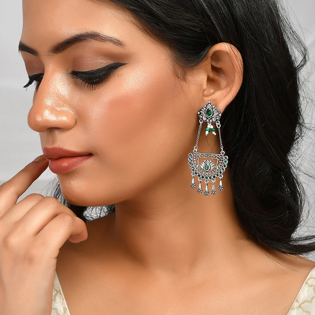 Abharan Teardrop Cut Green Stones Drop Earrings - Image 2
