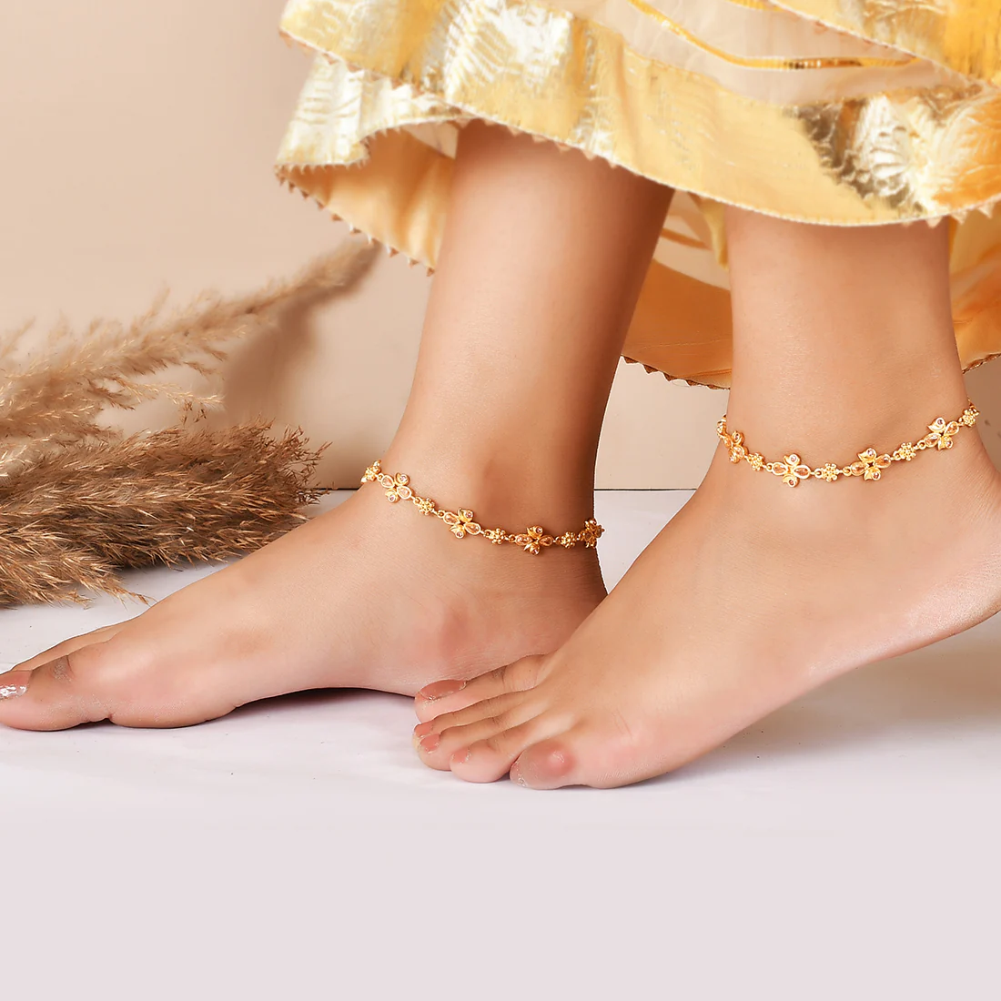 Abharan Teardrop Cut Pink Stones Anklet - Image 2