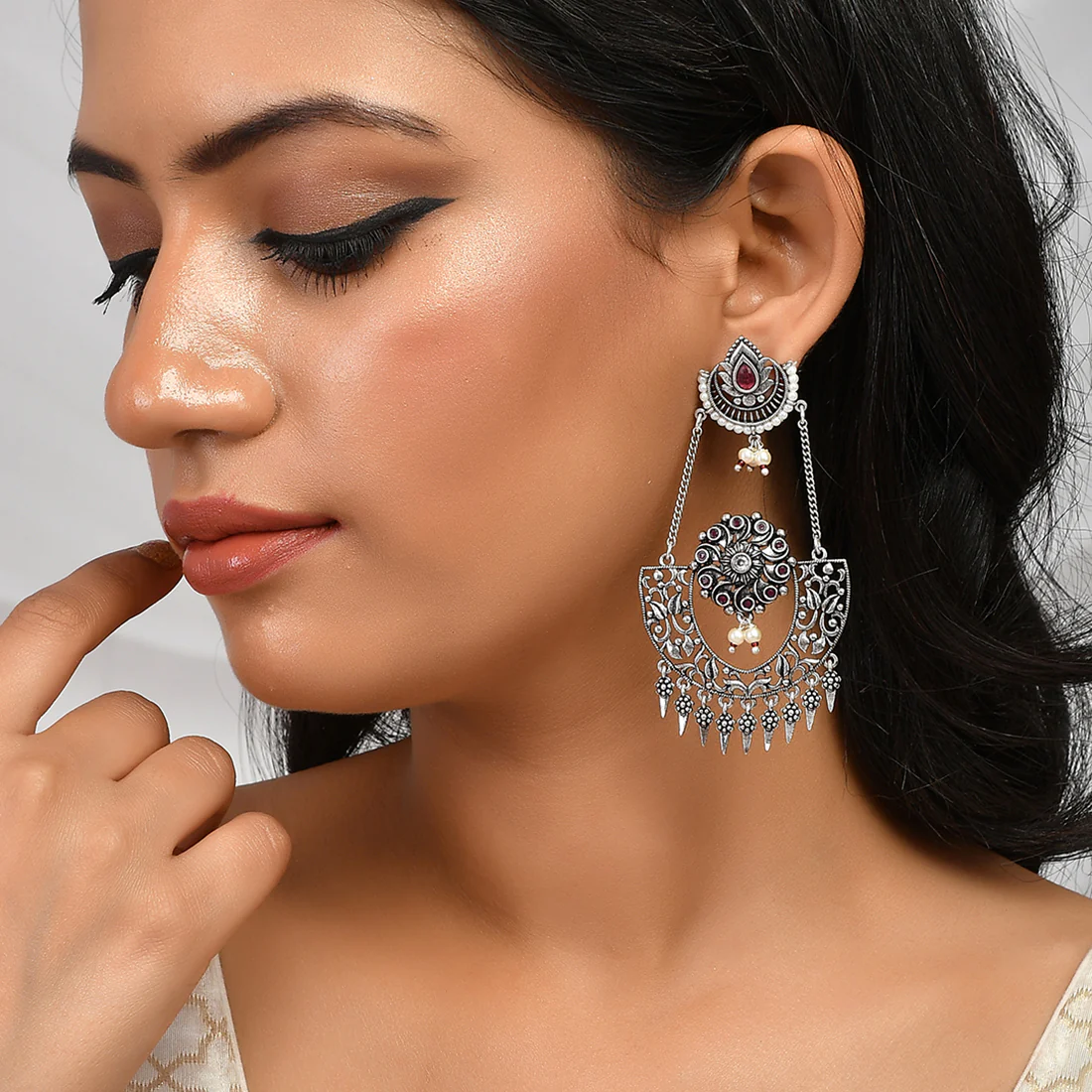 Abharan Teardrop Cut Red Stones Drop Earrings - Image 2