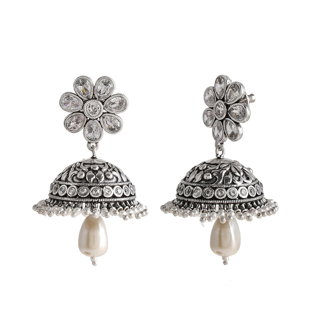 Abharan Teardrop Cut White and Pearls Floral Jhumka Earrings - Image 4