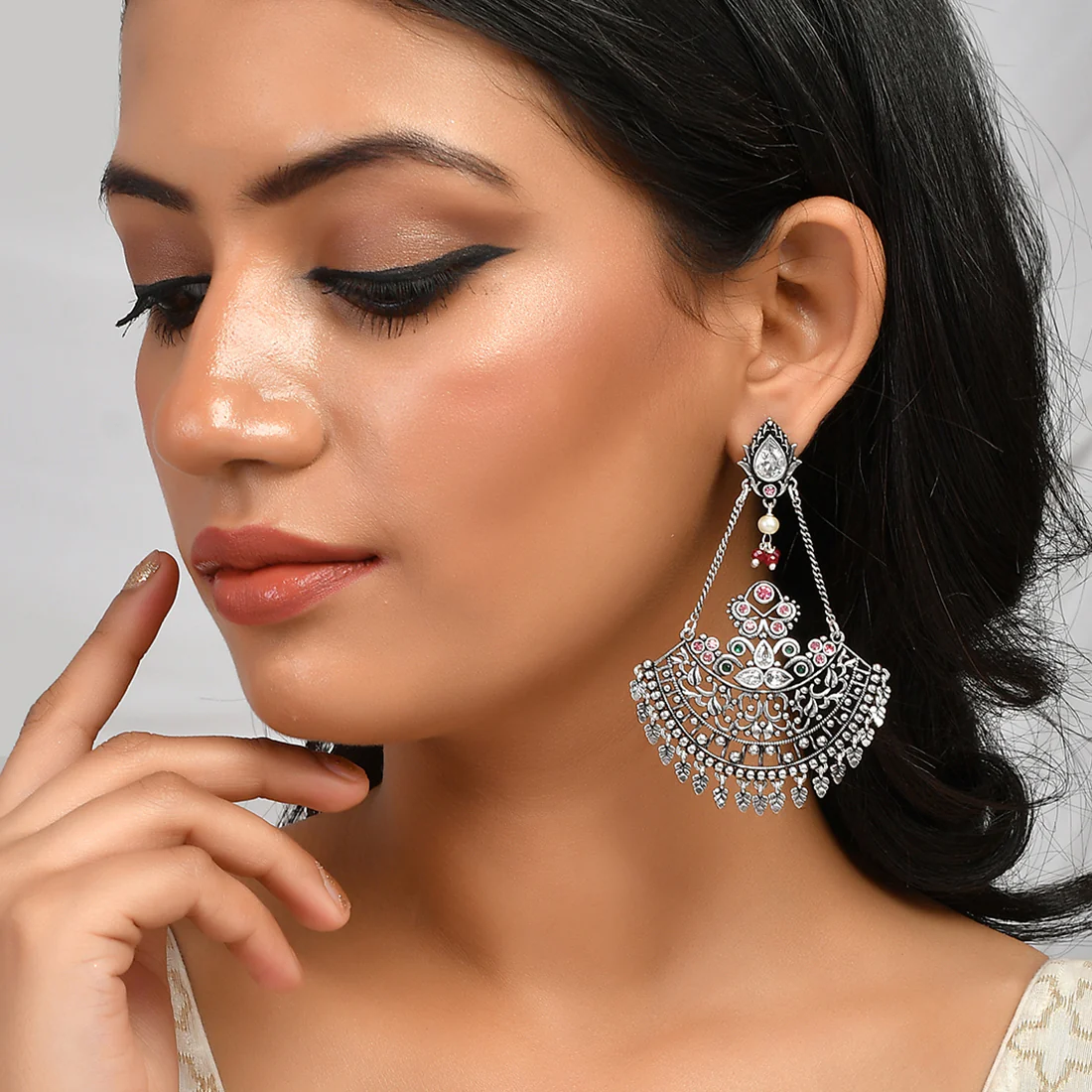 Abharan Teardrop Cut White and Round Pink Stones Drop Earrings - Image 2