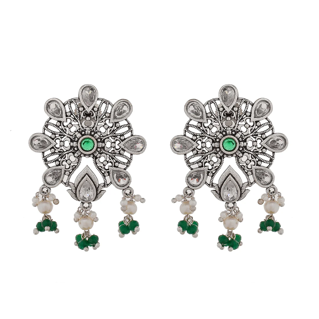 Abharan Teardrop Cut White Stones and Pearls Stud Earrings - Image 3