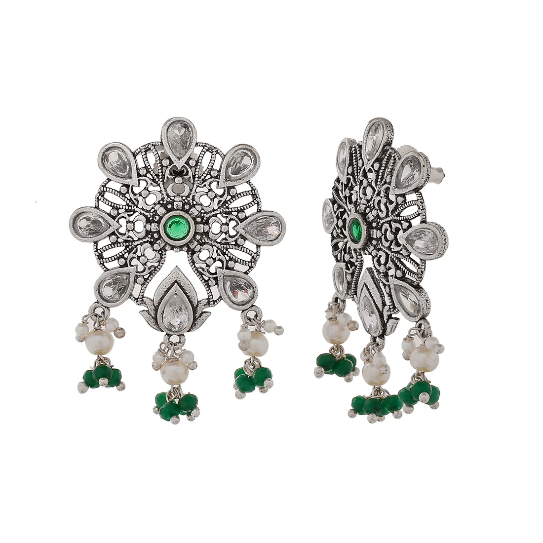 Abharan Teardrop Cut White Stones and Pearls Stud Earrings - Image 4