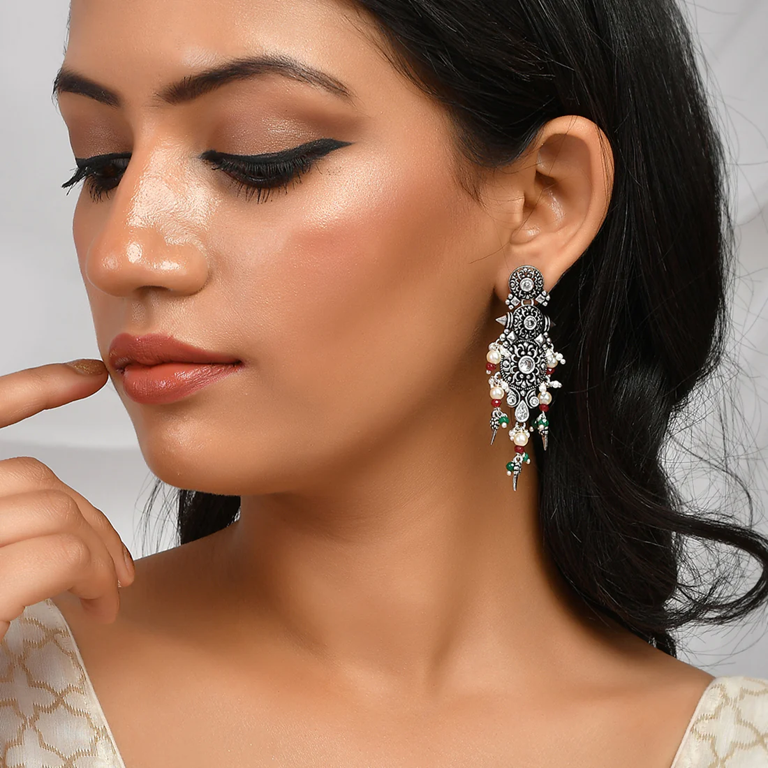 Abharan Tribal Inspired White Pearls Earrings - Image 2
