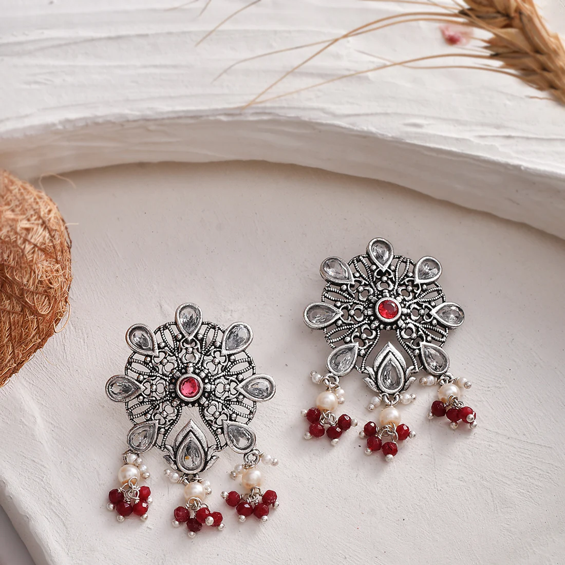 Abharan White and Green Stones Stud Earrings