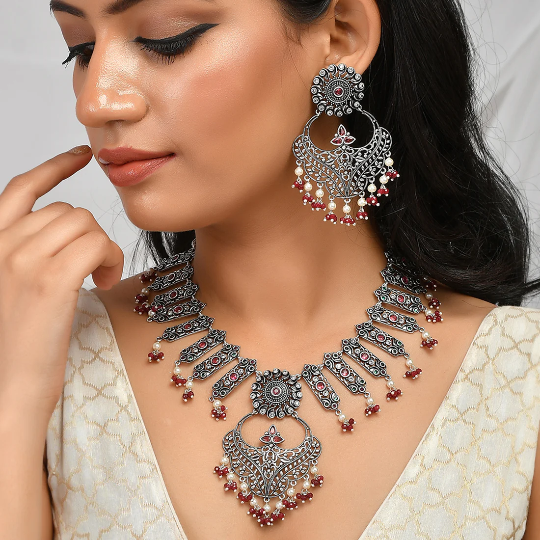 Abharan White and Red Stones and Pearls Opulent Jewellery Set - Image 2