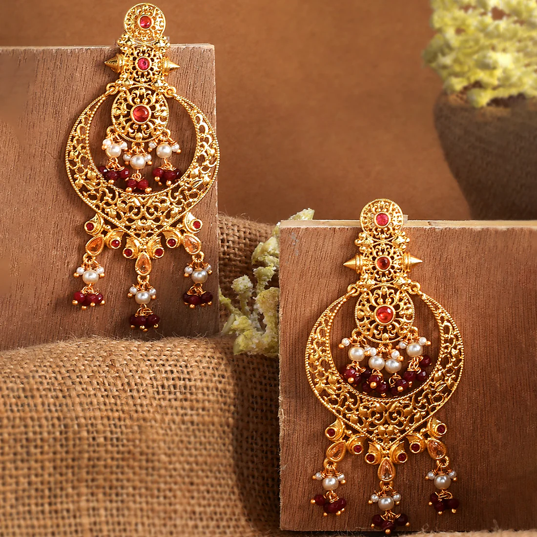 Abharan White Pearls and Red Stones Drop Earrings