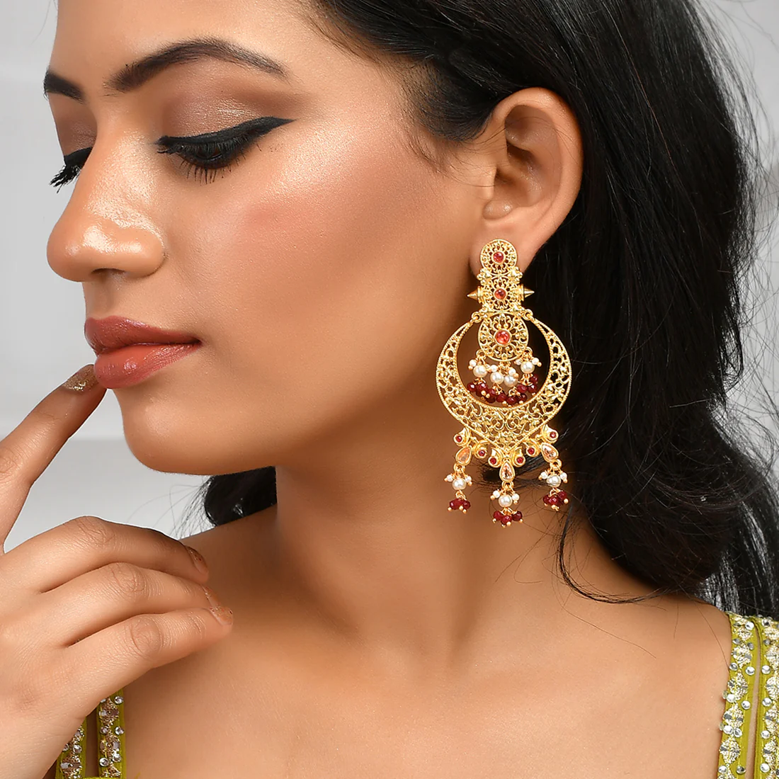 Abharan White Pearls and Red Stones Drop Earrings - Image 2