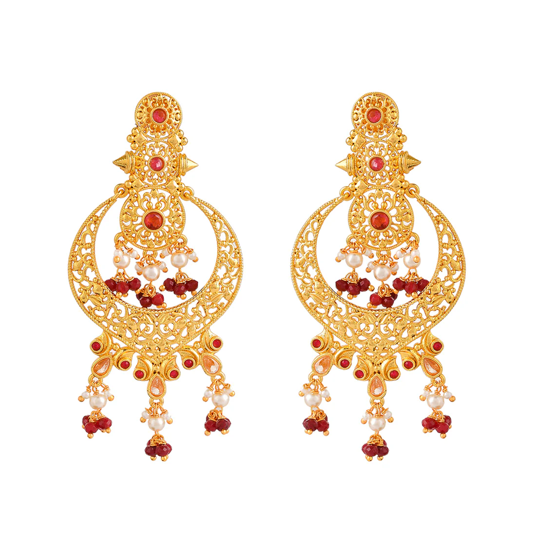 Abharan White Pearls and Red Stones Drop Earrings - Image 3