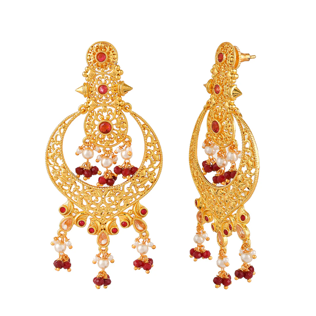 Abharan White Pearls and Red Stones Drop Earrings - Image 4