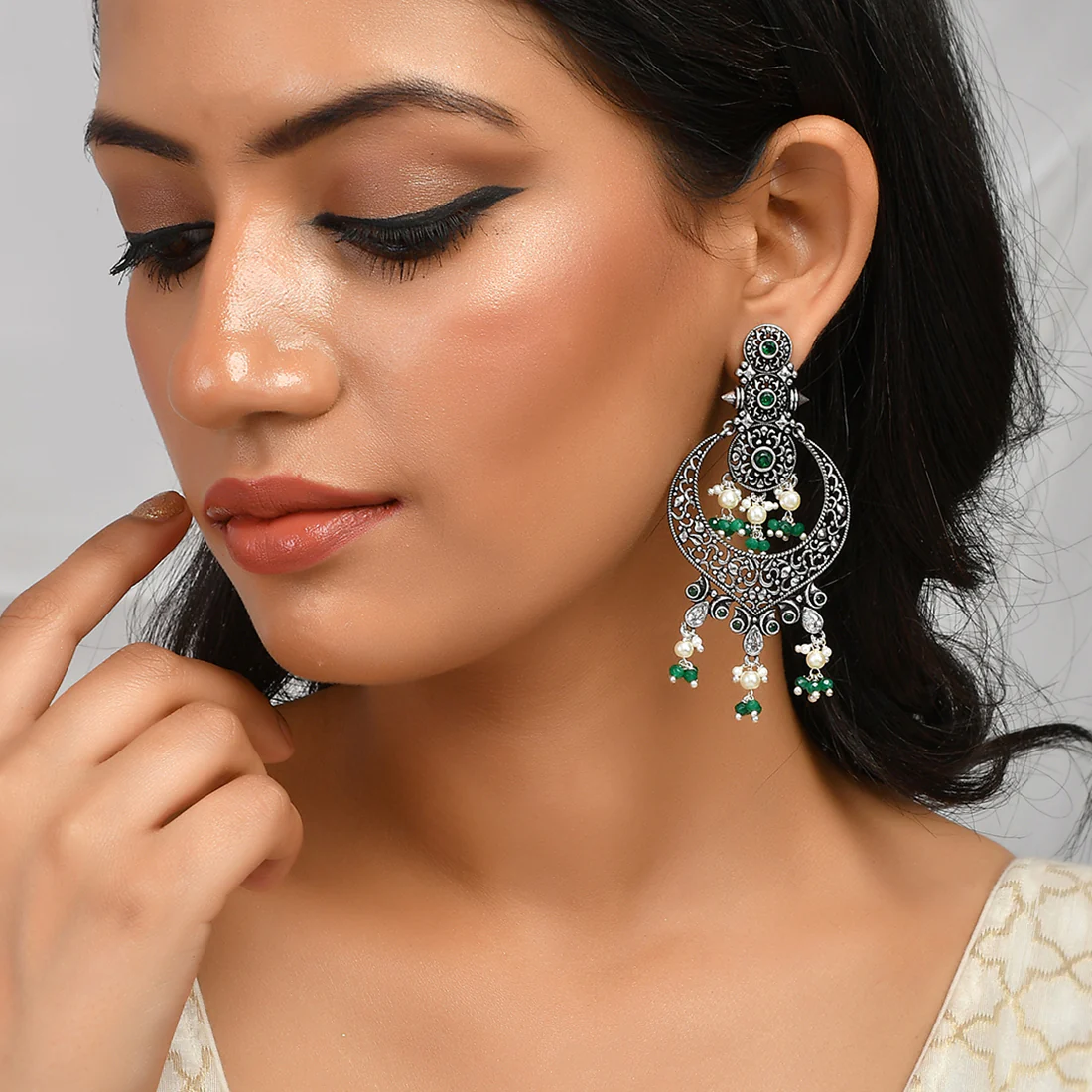 Abharan White Pearls and Stones Drop Earrings - Image 2