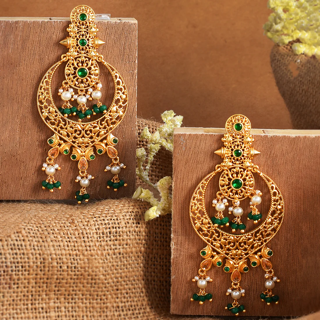 Abharan White Pearls and Stones Drop Earrings