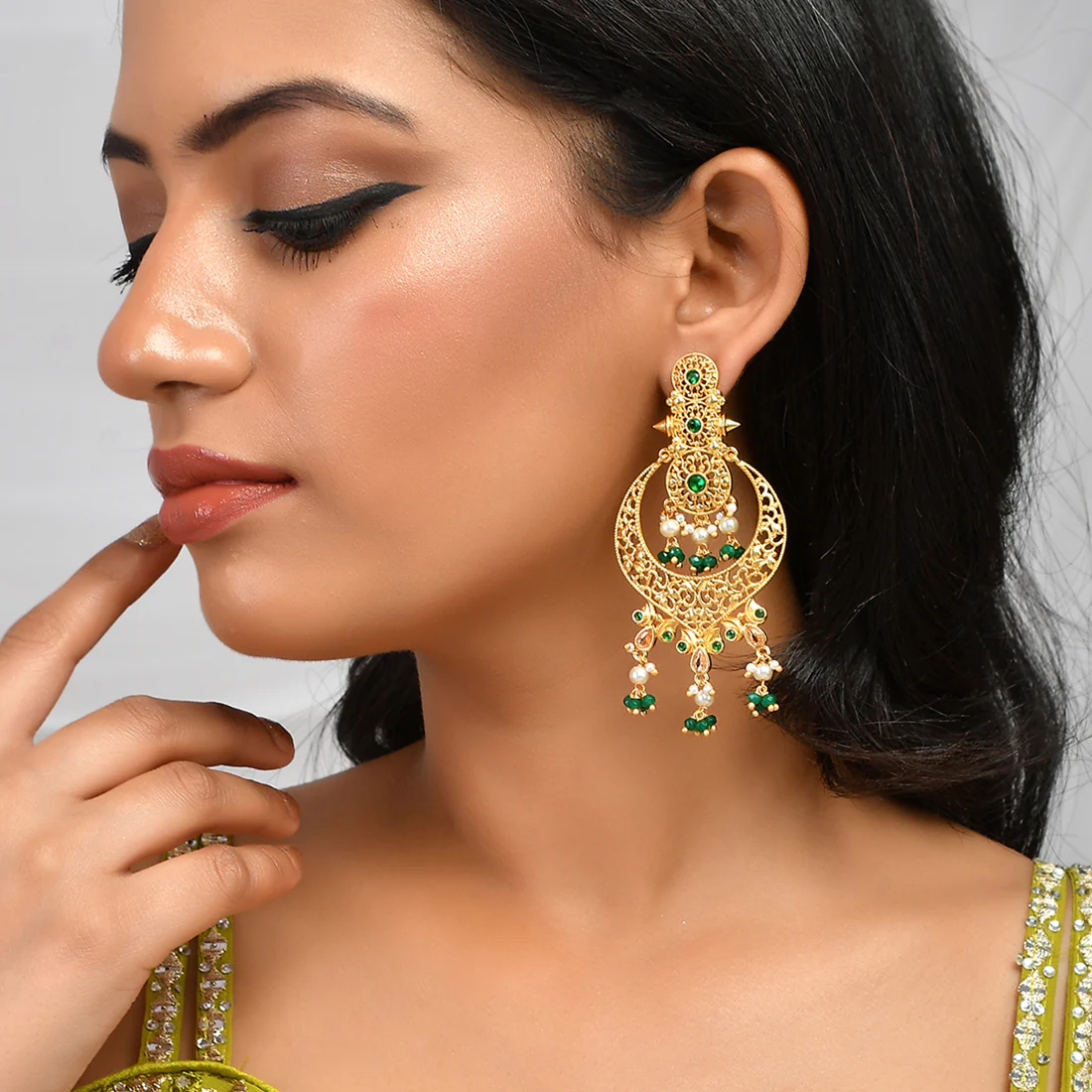 Abharan White Pearls and Stones Drop Earrings - Image 2