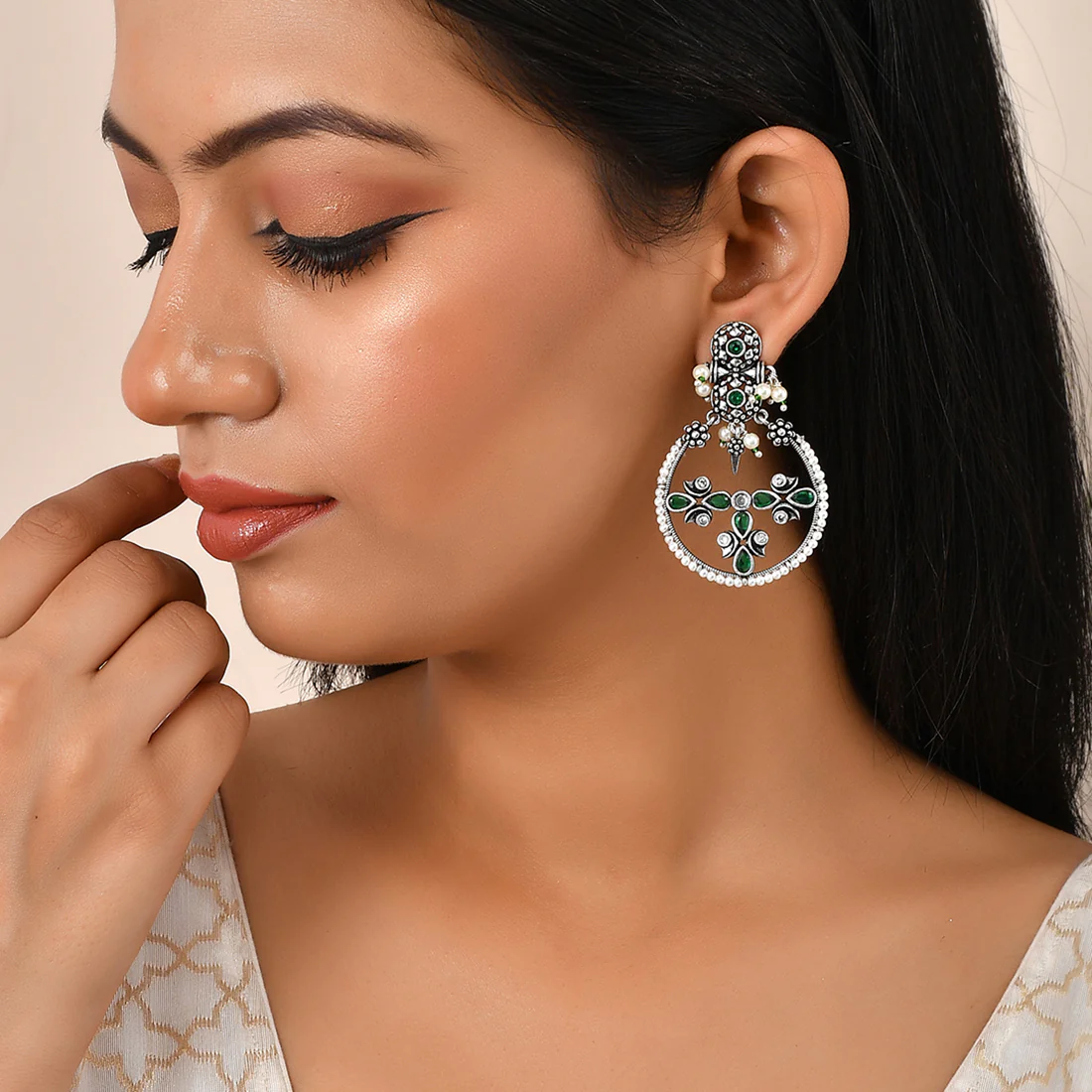 Elegant Abharan White Pearls Floral Earrings | Voylla - Image 2