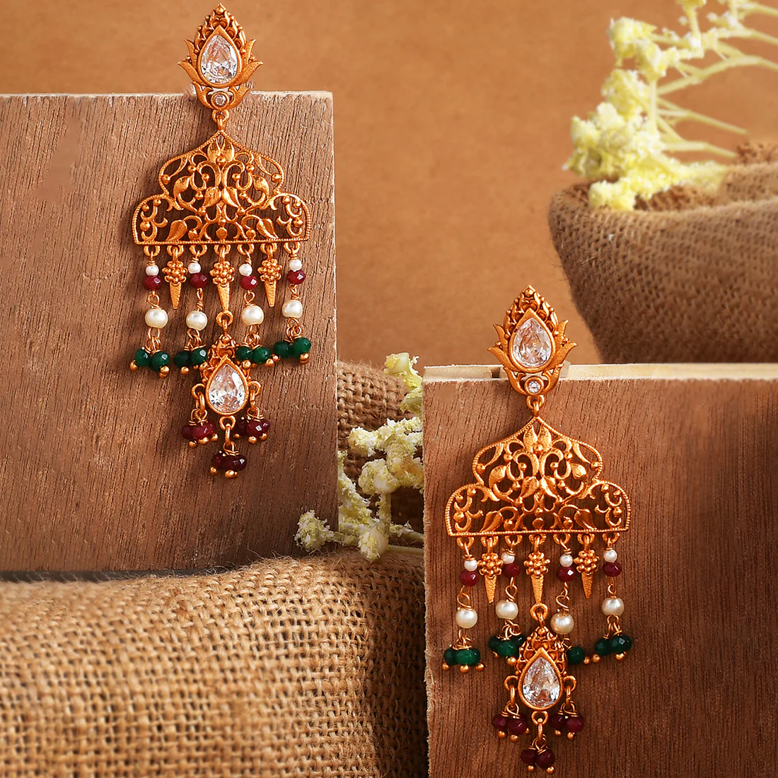 Abharan White Stones and Pearls Filigree Drop Earrings