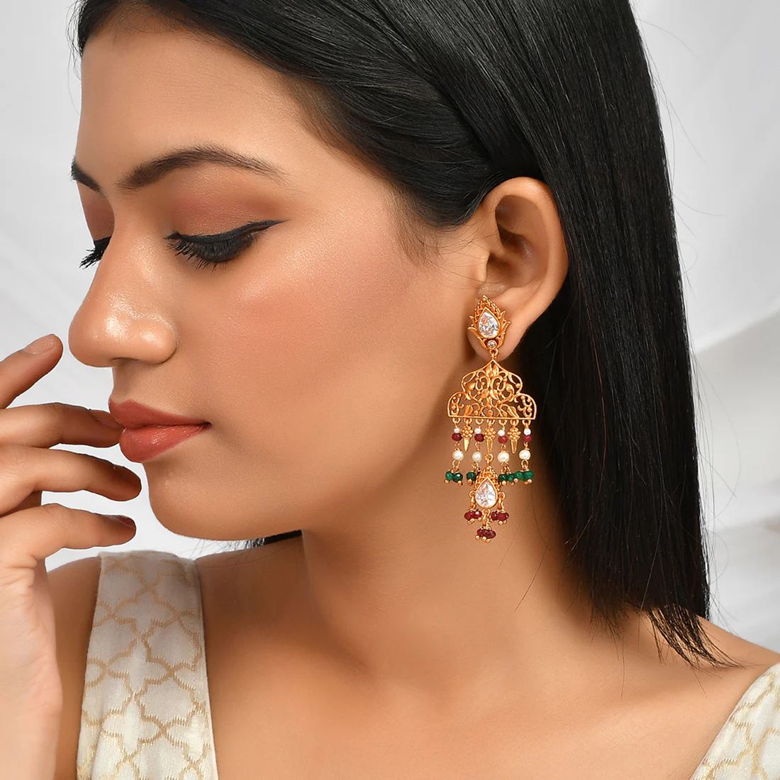 Abharan White Stones and Pearls Filigree Drop Earrings - Image 2
