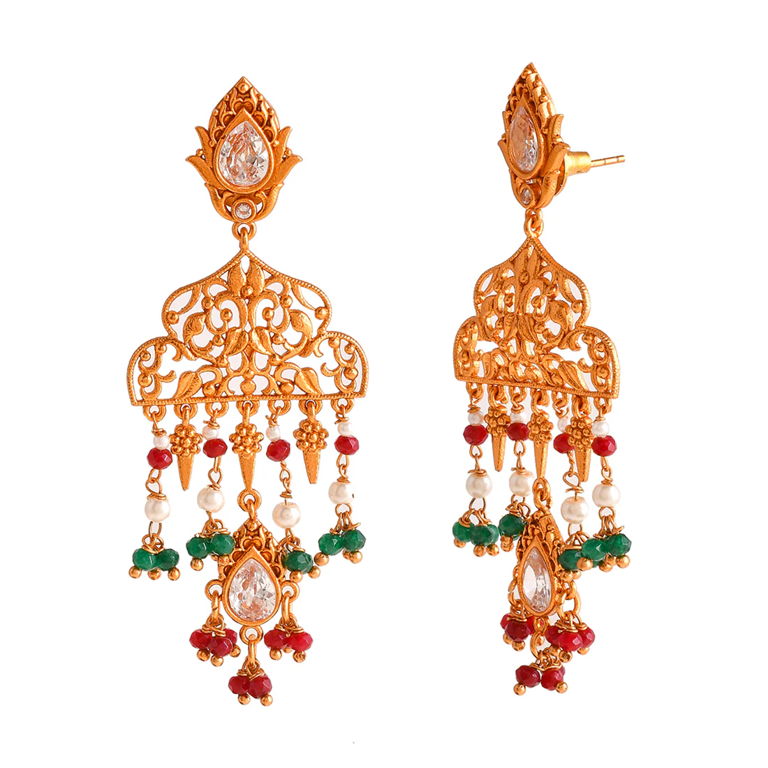 Abharan White Stones and Pearls Filigree Drop Earrings - Image 4