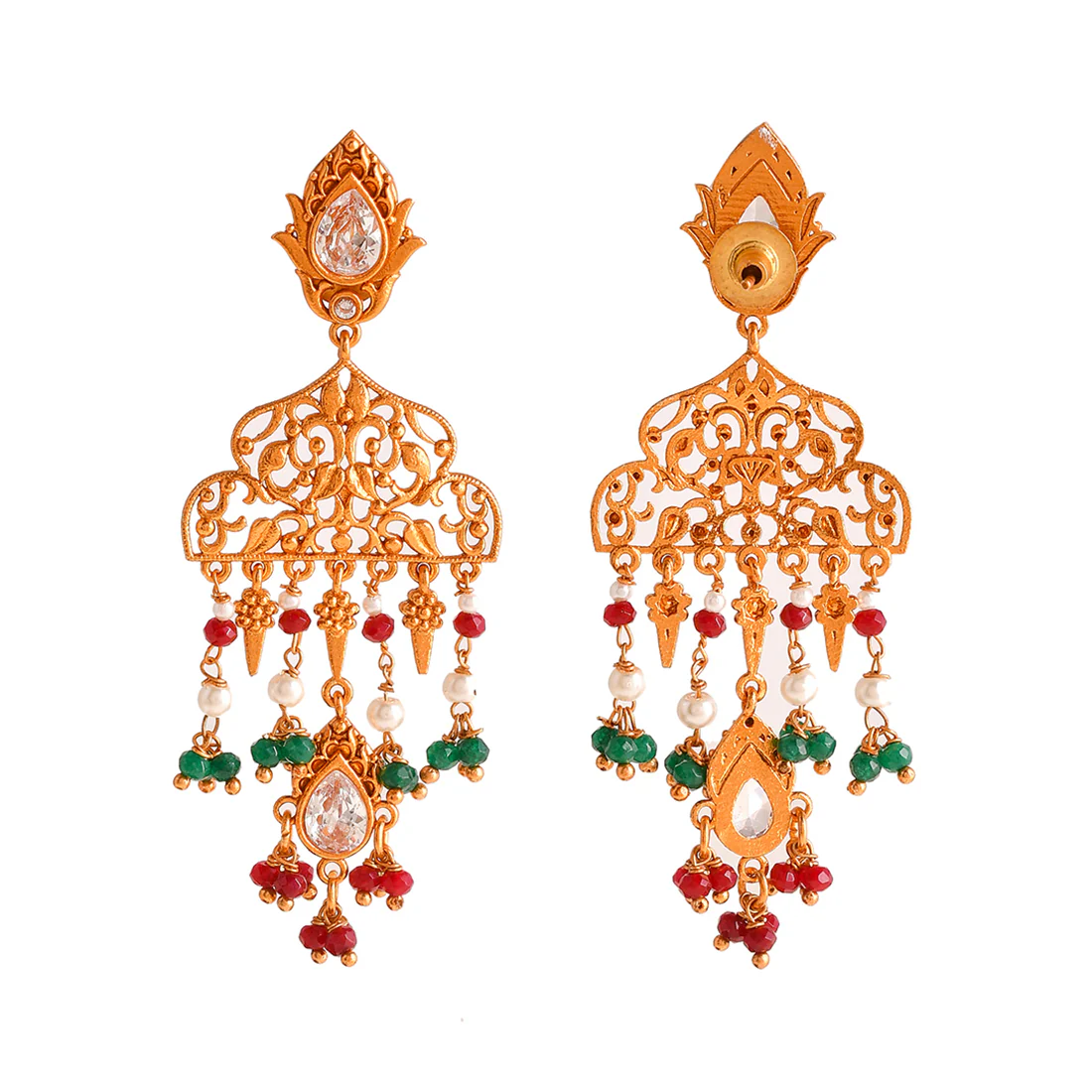 Abharan White Stones and Pearls Filigree Drop Earrings - Image 5