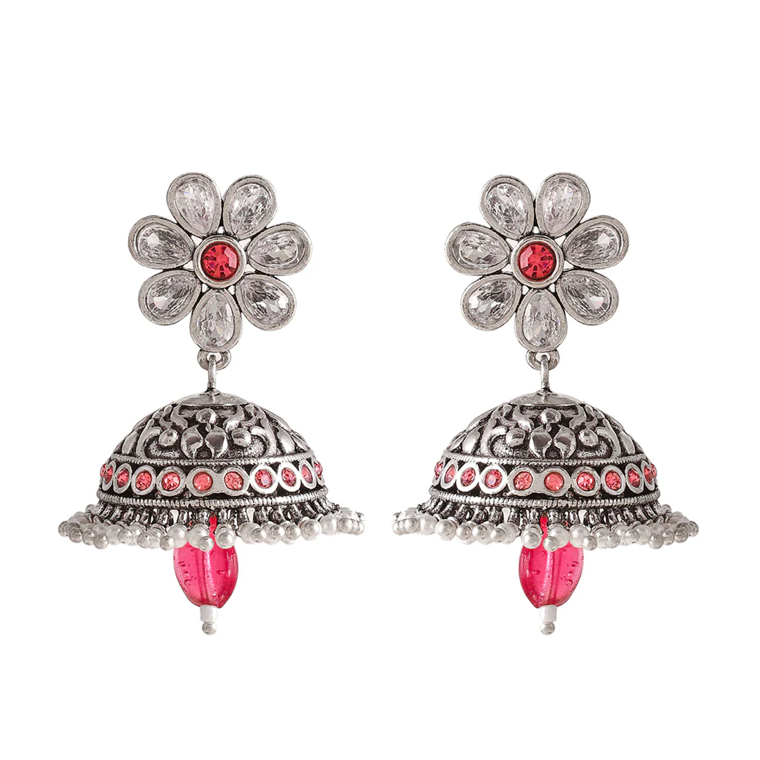 Abharan White Stones and Pearls Floral Jhumka Earrings - Image 3