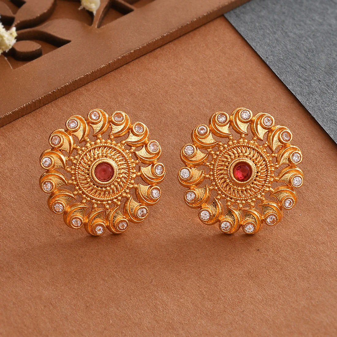 Abharan Yellow Gold Plated Round Cut Red Stones Stud Earrings