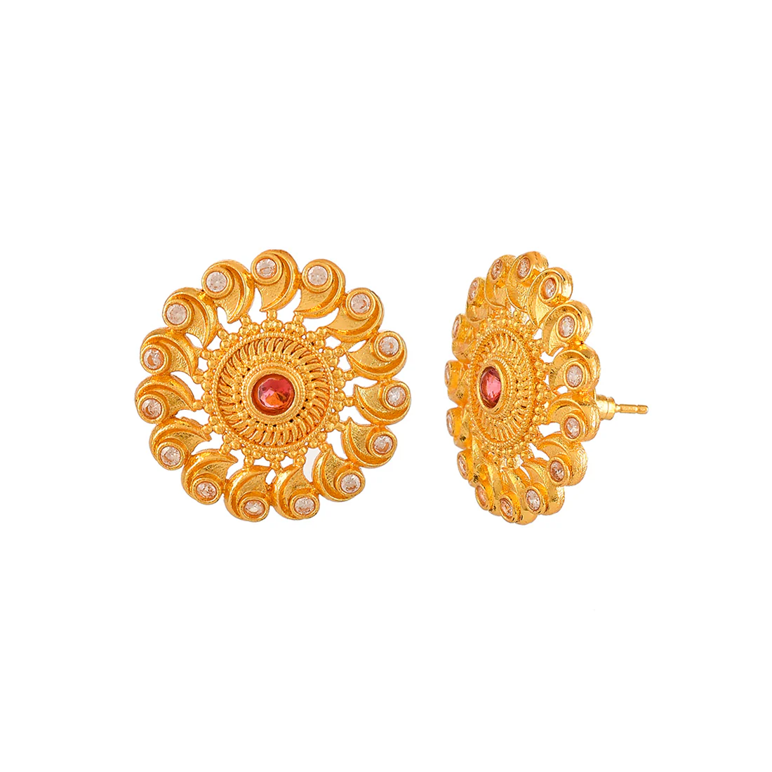 Abharan Yellow Gold Plated Round Cut Red Stones Stud Earrings - Image 4