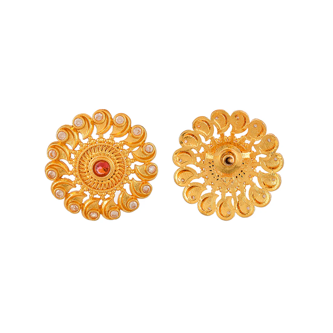 Abharan Yellow Gold Plated Round Cut Red Stones Stud Earrings - Image 5