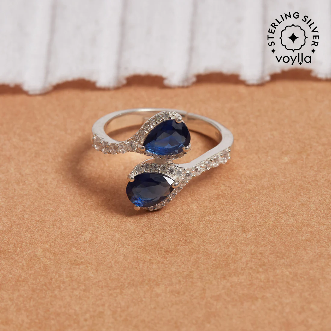Adjustable Blue Pear Shaped CZ Studded 925 Sterling Silver Ring