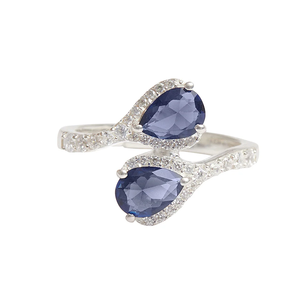 Adjustable Blue Pear Shaped CZ Studded 925 Sterling Silver Ring - Image 3