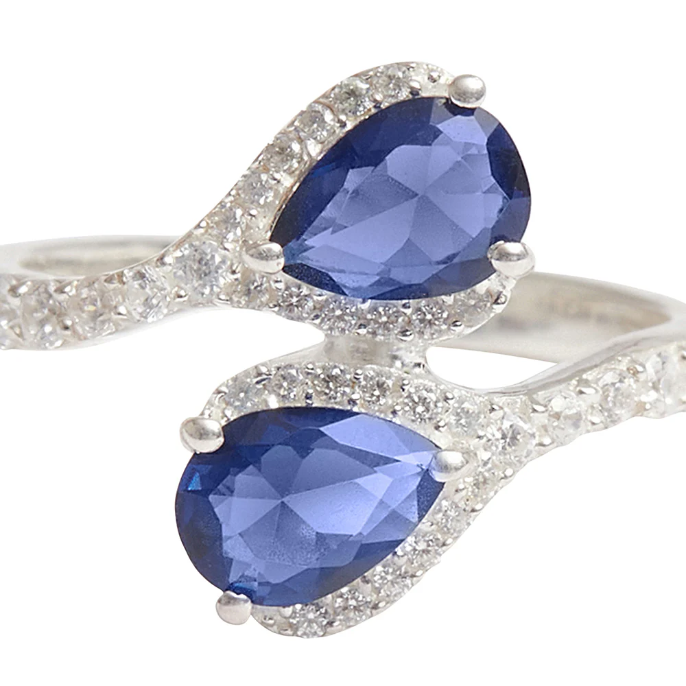 Adjustable Blue Pear Shaped CZ Studded 925 Sterling Silver Ring - Image 4