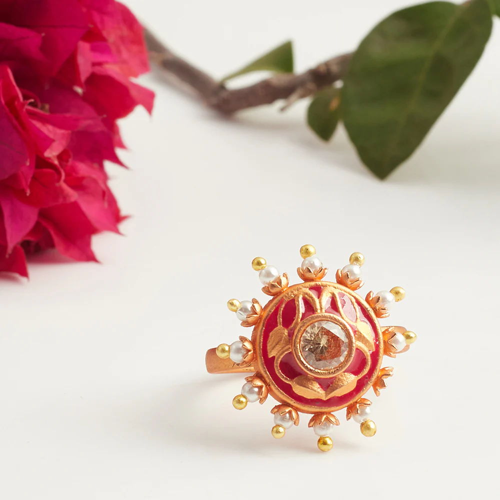 Adjustable Leaf Motifs Gold Toned Brass Faux Pearls Ring