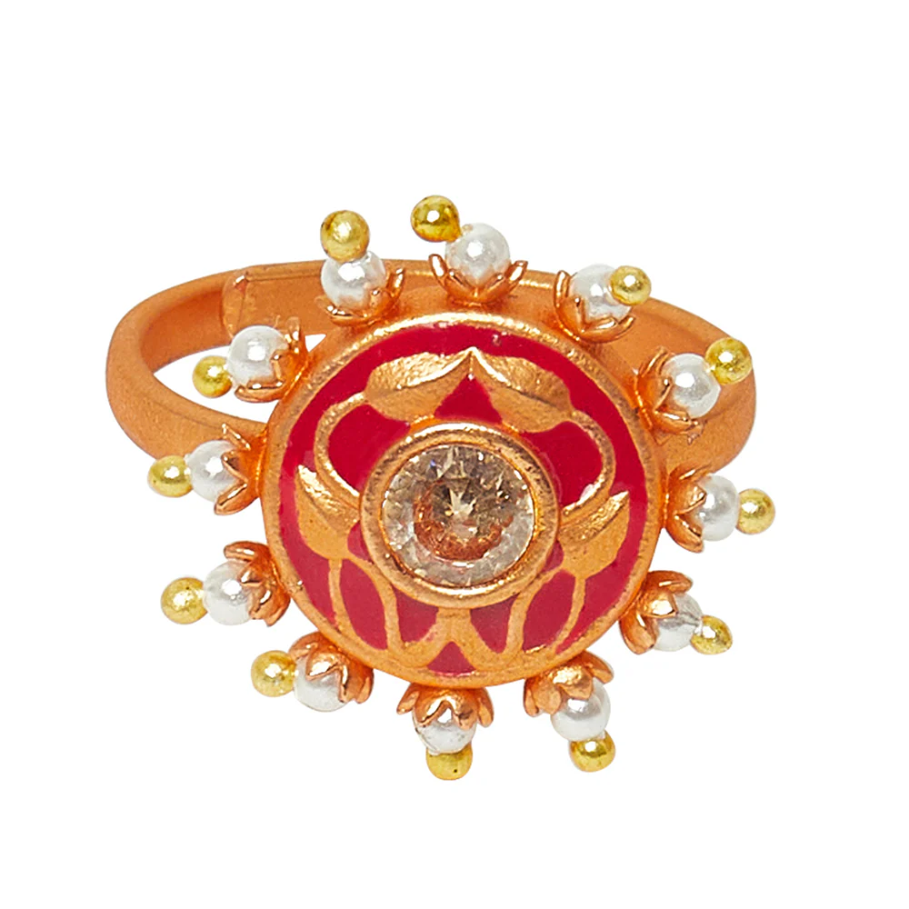 Adjustable Leaf Motifs Gold Toned Brass Faux Pearls Ring - Image 3