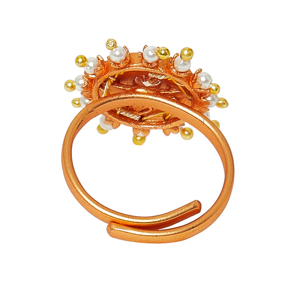 Adjustable Leaf Motifs Gold Toned Brass Faux Pearls Ring - Image 4