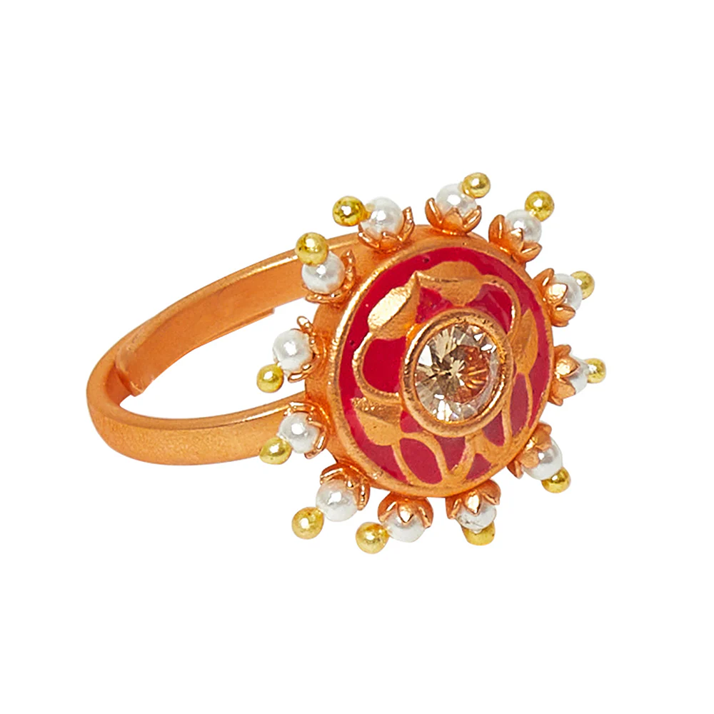 Adjustable Leaf Motifs Gold Toned Brass Faux Pearls Ring - Image 5