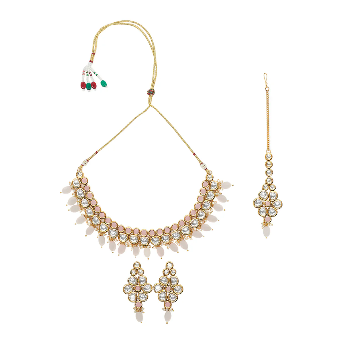 Kundan Adorned Teardrop Yellow Gold Plated Brass Jewellery Set - Image 3