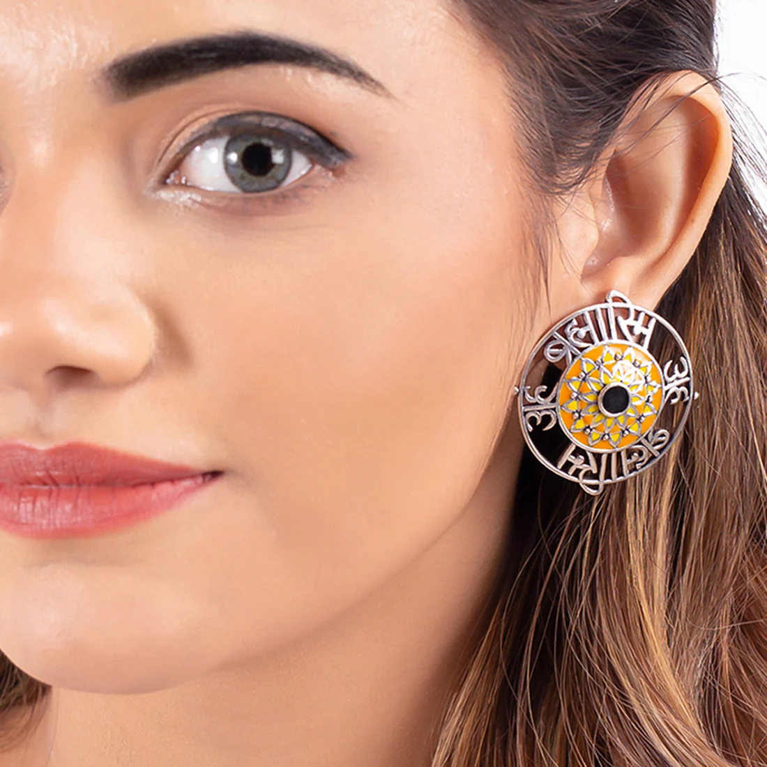 Aham Brahmasmi Inscription Round Statement Earrings - Image 2