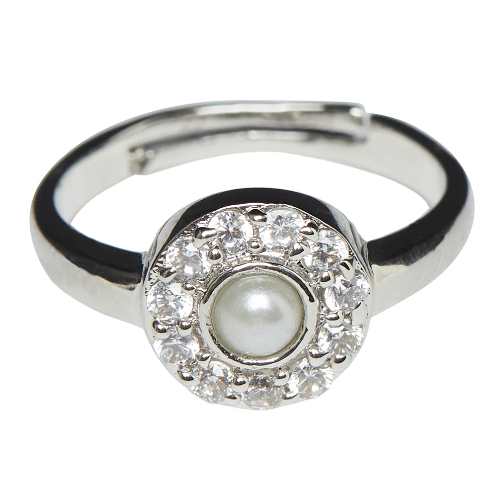 Ajustable Silver Plated Faux Pearl and CZ Adorned Women's Ring - Image 2