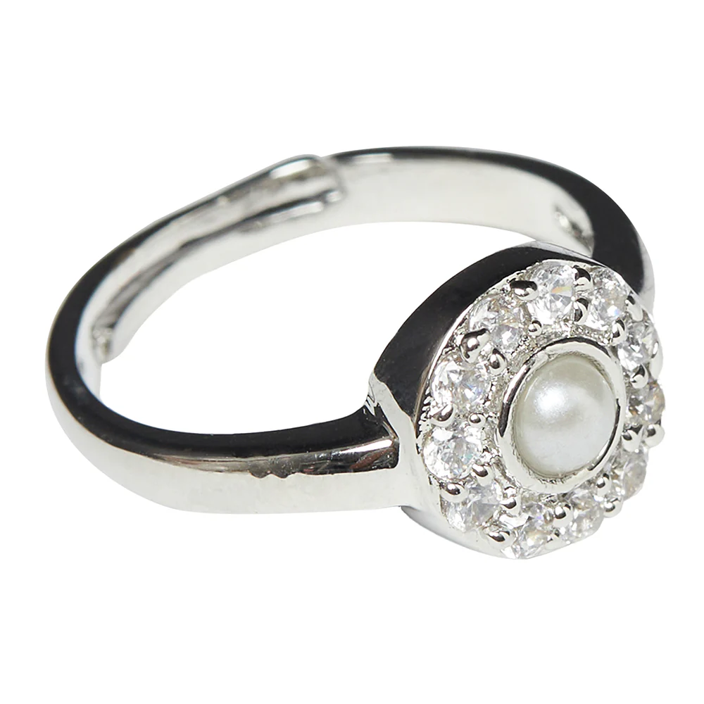 Ajustable Silver Plated Faux Pearl and CZ Adorned Women's Ring - Image 4