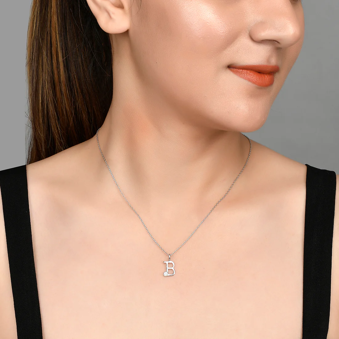 Sterling Silver Alphabet B Round Cut CZ Pendant - Image 2