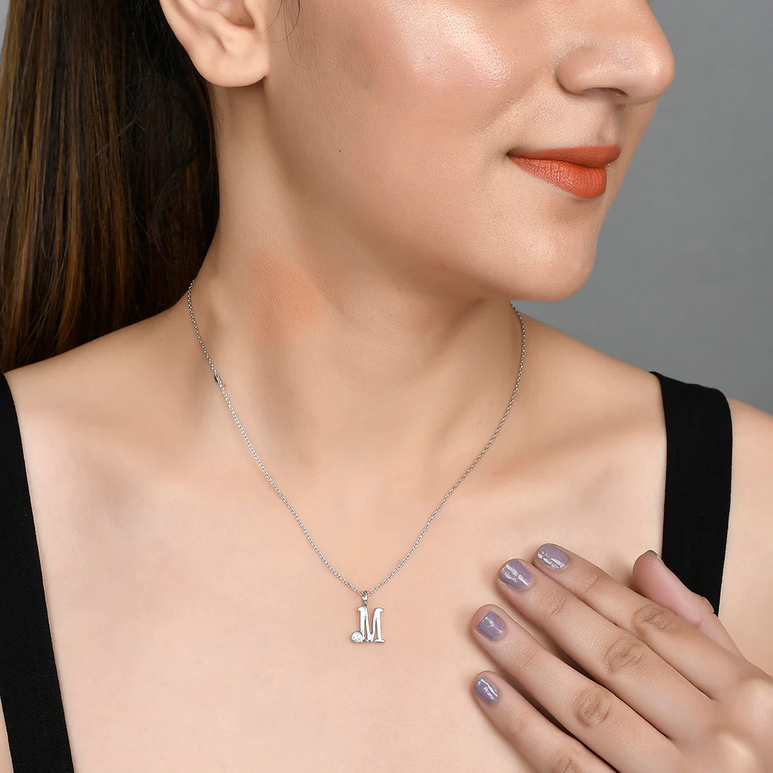 Sterling Silver Alphabet M Round Cut CZ Pendant - Image 2