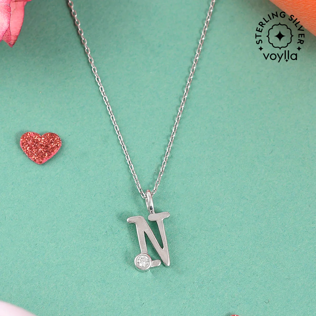 Sterling Silver Alphabet N Round Cut CZ Pendant
