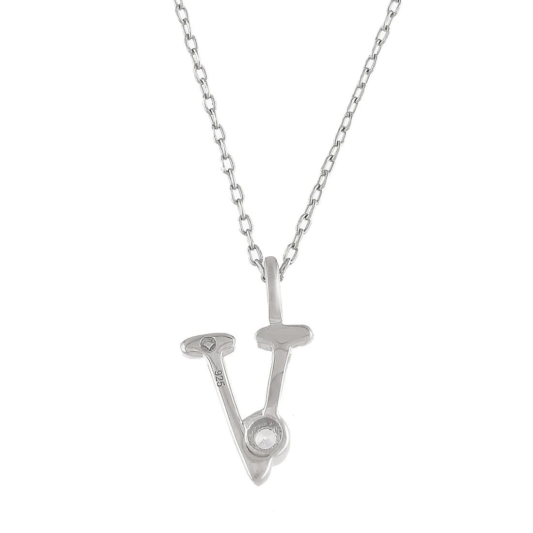 Sterling Silver Alphabet V Round Cut CZ Pendant - Image 5