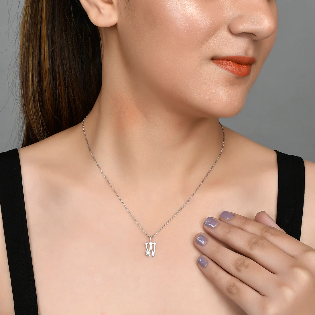 Sterling Silver Alphabet W Round Cut CZ Pendant - Image 2