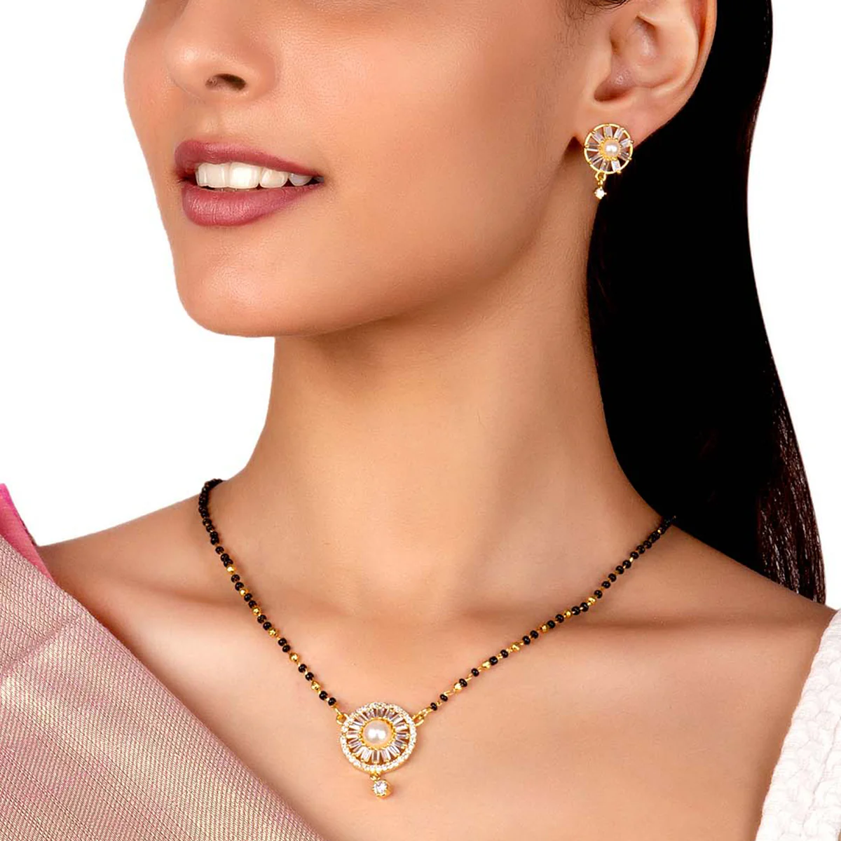 American Diamond Traditional Golden Brass Black Beaded Mangalsutra with Earrings - Image 2