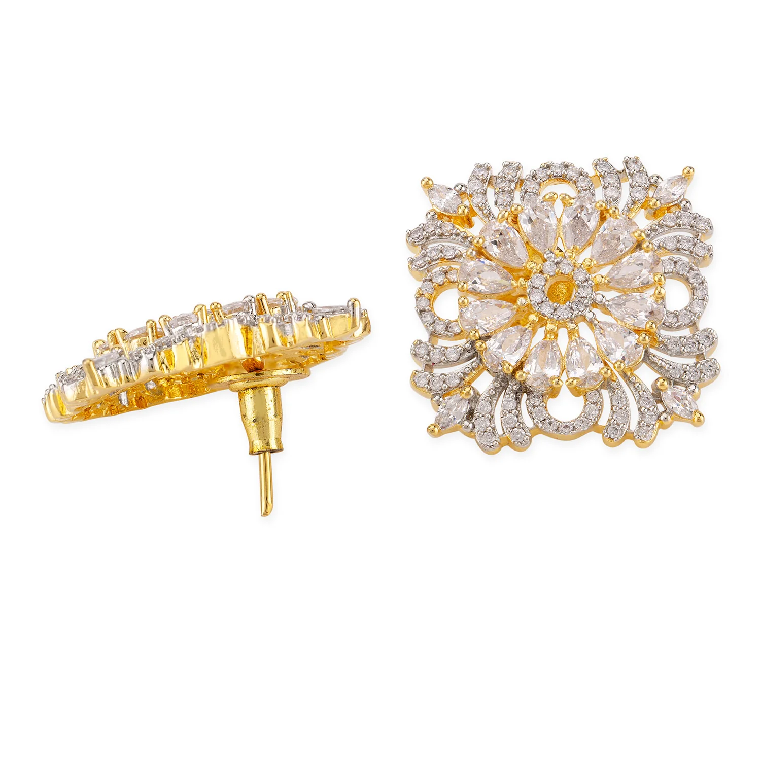 American Diamond CZ Gold Plated Brass Stud Earrings - Image 4