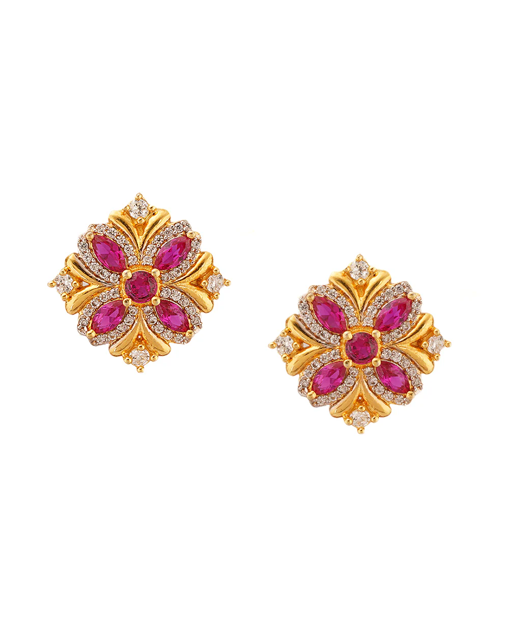 American Diamond CZ Gold Plated Brass Stud Earrings with Purple Stone - Image 3