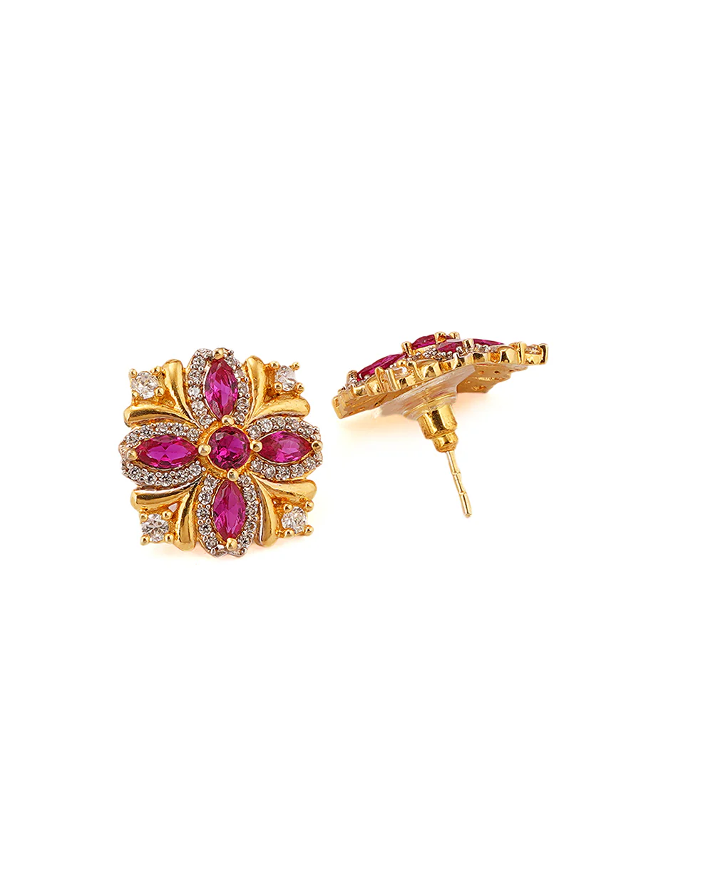 American Diamond CZ Gold Plated Brass Stud Earrings with Purple Stone - Image 4