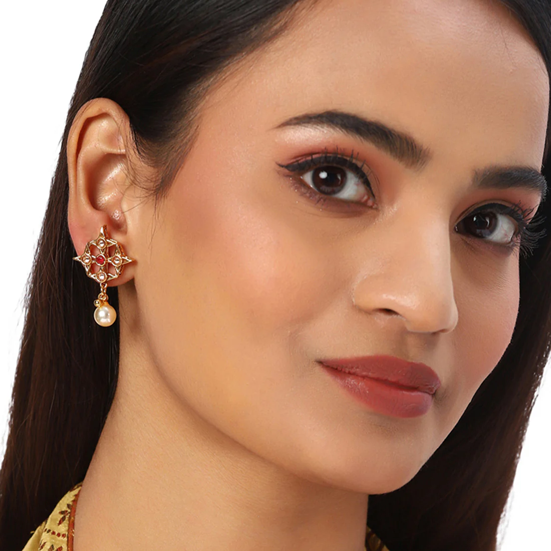 American Diamond CZ Gold Plated Pearl Brass Drop Earrings - Image 2